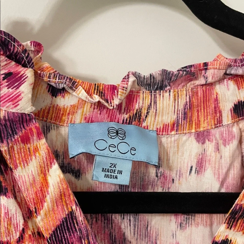 CeCe Vibrant Pink and Orange Tiered Short Sleeve Dress 2X - Picture 2 of 6